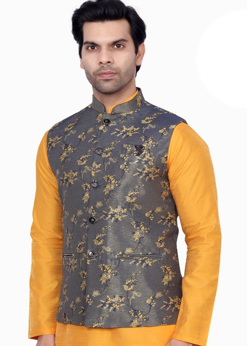 Grey Floral Print Men Nehru Jacket In Brocade