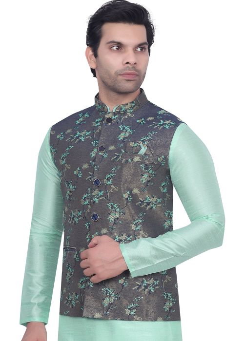 Grey Floral Print Men Nehru Jacket In Brocade