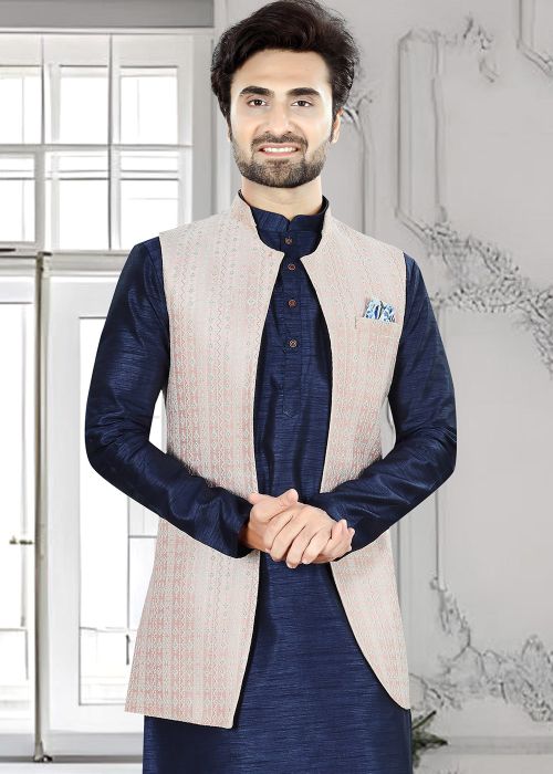Peach Embroidered Men Nehru Jacket