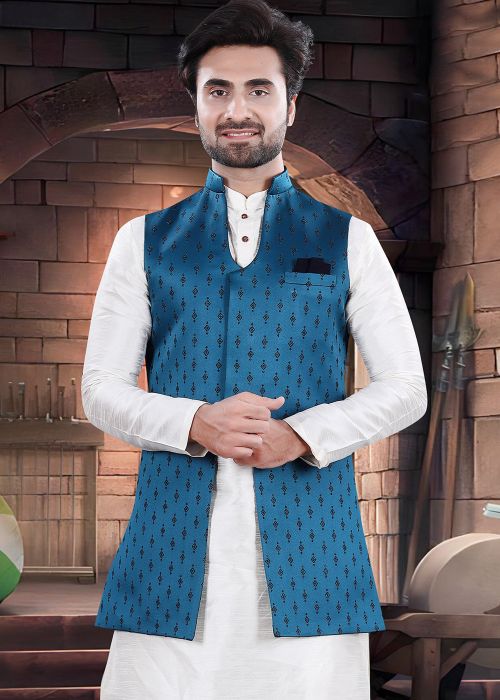 Blue Embroidered Men Nehru Jacket In Jacquard