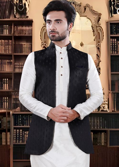 Black Embroidered Jacquard Nehru Jacket