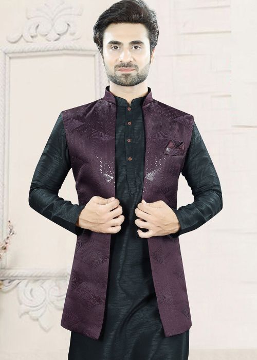 Wine Sequin Work Men Nehru Jacket