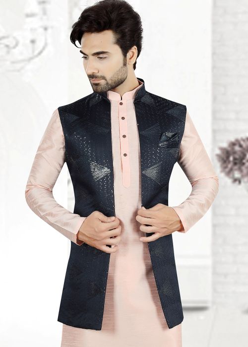 Blue Embroidered Men Nehru Jacket In Jacquard