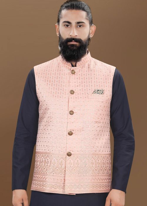 Peach Embroidered Men Nehru Jacket