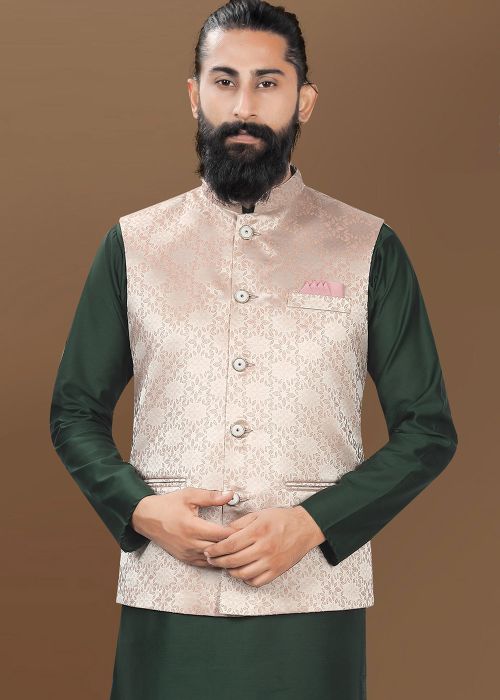 Cream Woven Men Nehru Jacket In Jacquard