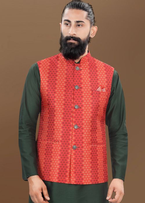 Red Digital Print Men Nehru Jacket In Rayon
