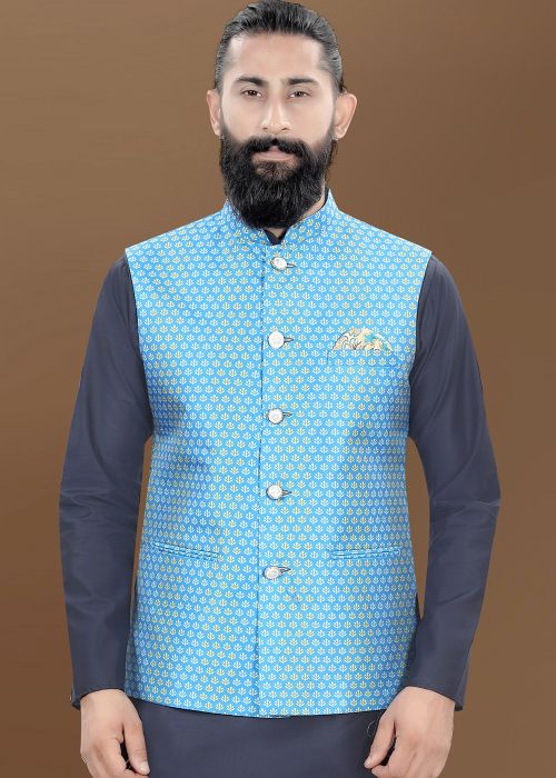 Blue Digital Print Men Nehru Jacket