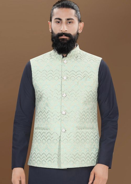 Green Sequin Work Men Nehru Jacket