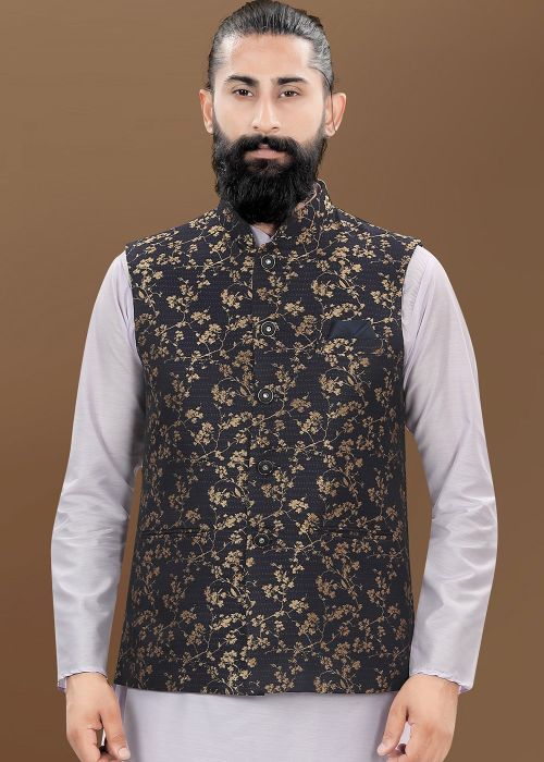 Black Foil Print Men Nehru Jacket In Jacquard