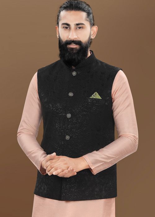 Black Woven Men Nehru Jacket In Jacquard