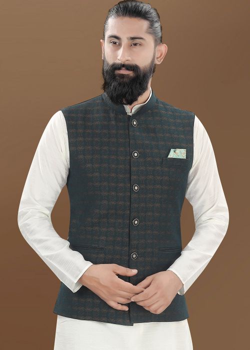 Green Digital Print Men Nehru Jacket
