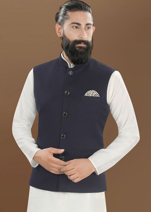 Blue Woven Men Nehru Jacket In Jacquard