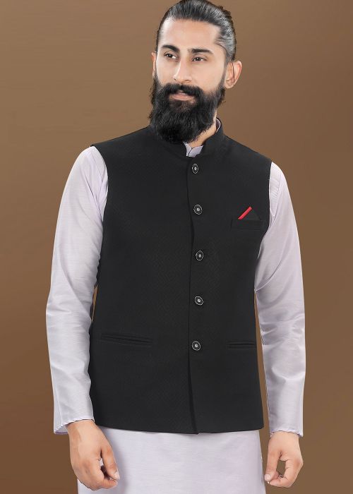 Black Woven Men Nehru Jacket In Jacquard