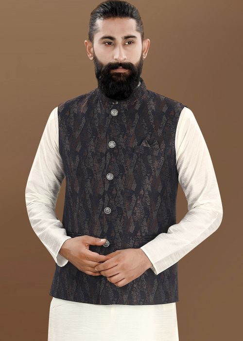 Black Digital Print Men Nehru Jacket