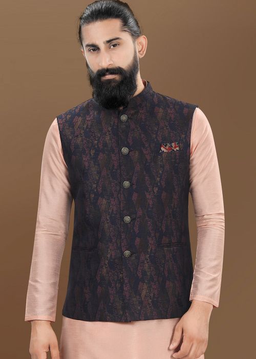 Black Digital Print Men Nehru Jacket