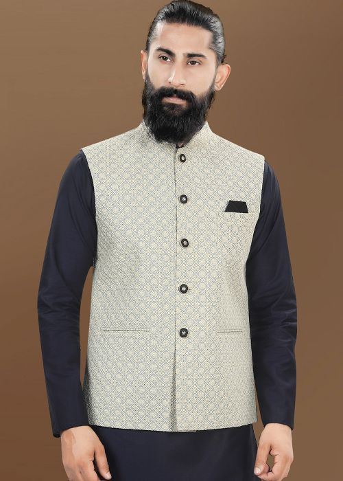 Cream Embroidered Men Nehru Jacket