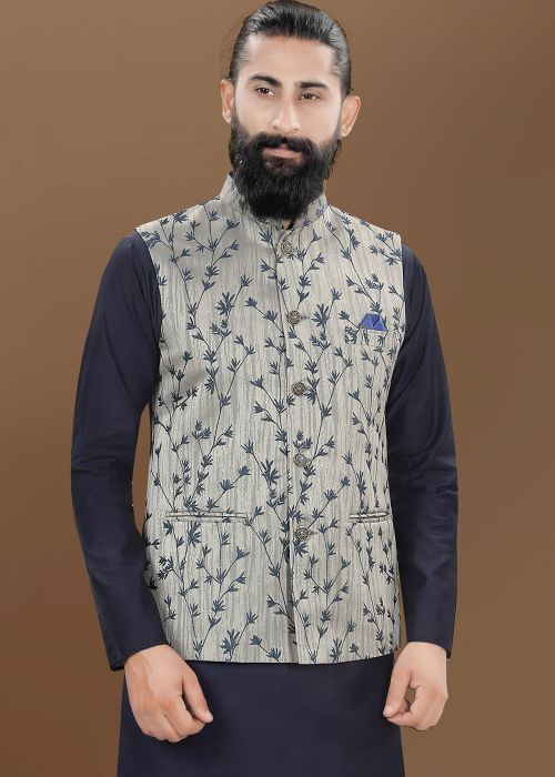 Grey Woven Men Nehru Jacket In Jacquard