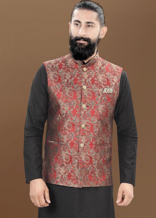 Red Woven Men Nehru Jacket In Jacquard