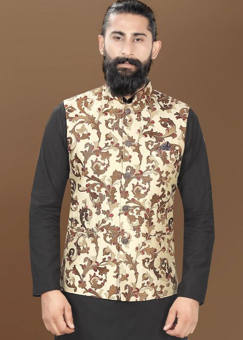 Cream Thread Embroidered Men Nehru Jacket