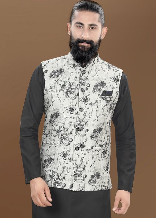 Grey Floral Print Men Nehru Jacket In Rayon