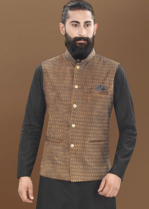 Brown Digital Print Velvet Men Nehru Jacket