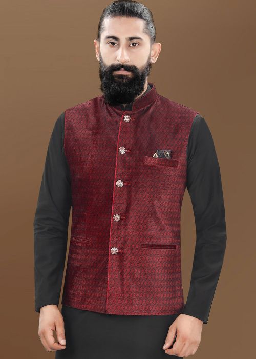 Maroon Digital Print Men Nehru Jacket