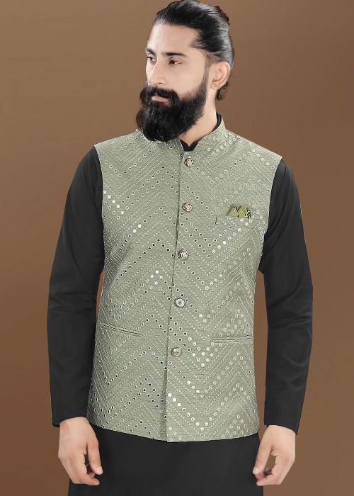 Green Mirror Work Men Nehru Jacket In Silk