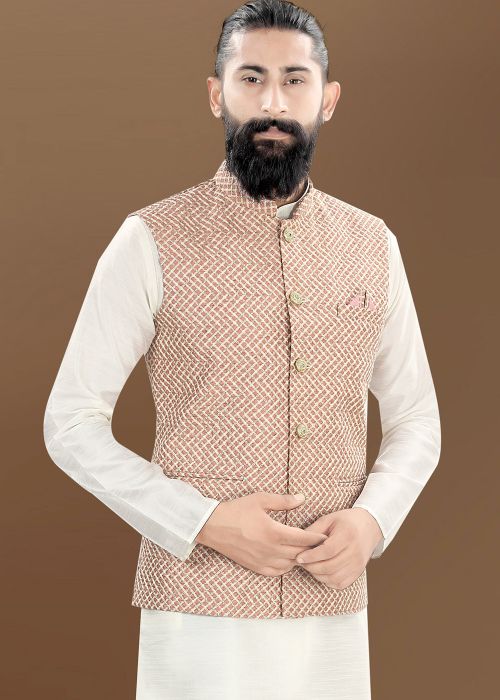 Peach Embroidered Men Nehru Jacket