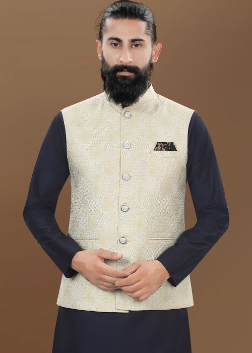 Cream Woven Men Nehru Jacket In Jacquard