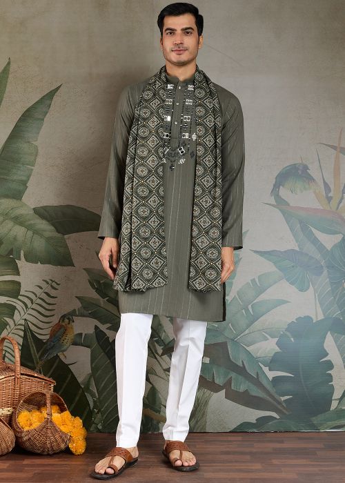 Olive Green Mirror Work Men Kurta With Stole
