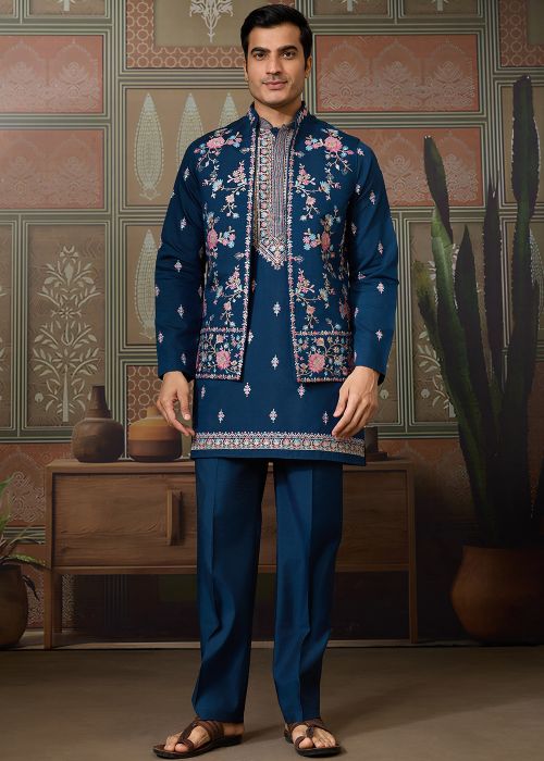 Teal Blue Embroidered Nehru Jacket With Kurta Pant