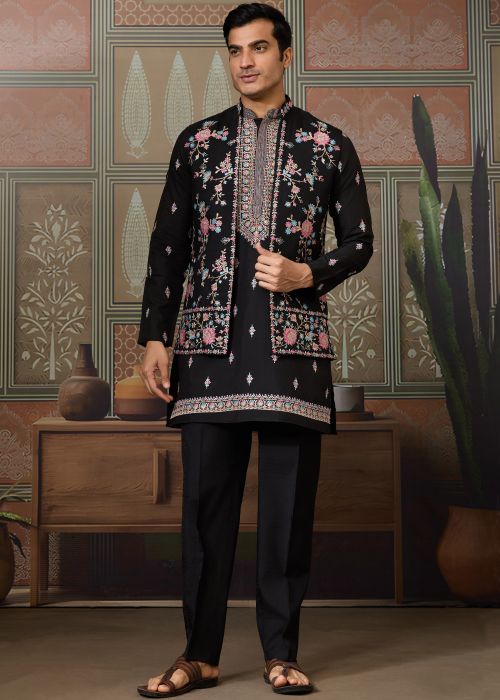 Black Men Embroidered Kurta Pant With Nehru Jacket