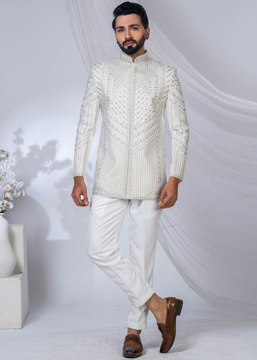 Off White Men Embroidered Bandhgala Jodhpuri Suit