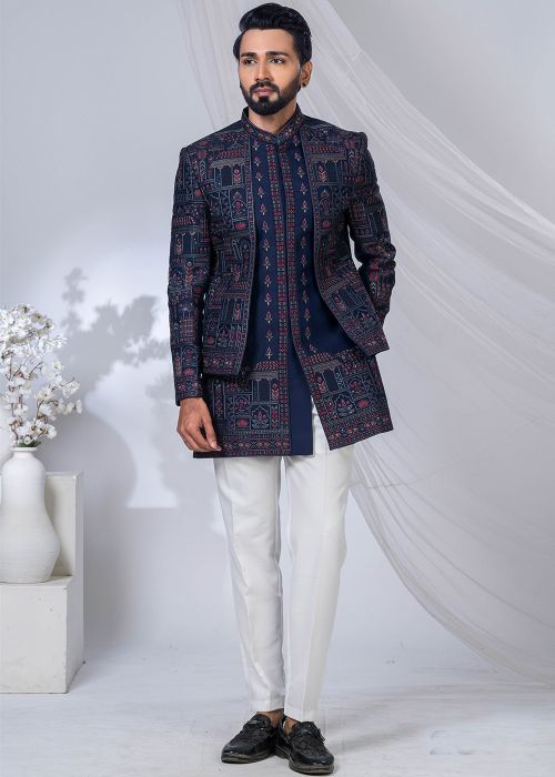 Blue Men Embroidered Indo Western Sherwani