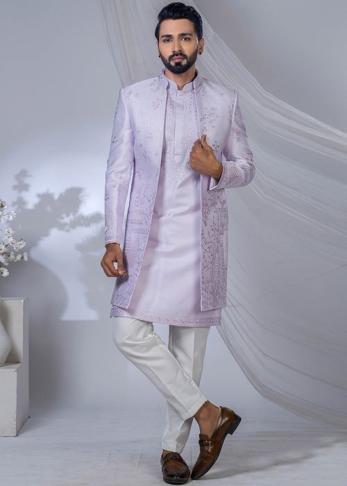 Lavender Embroidered Long Bandhgala Jodhpuri Suit