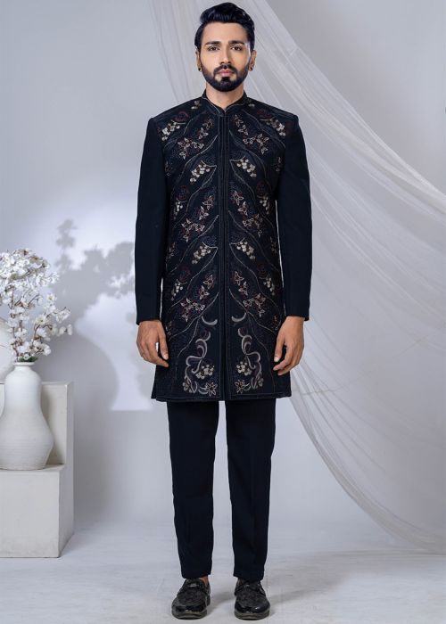 Navy Blue Embroidered Indo Western Sherwani