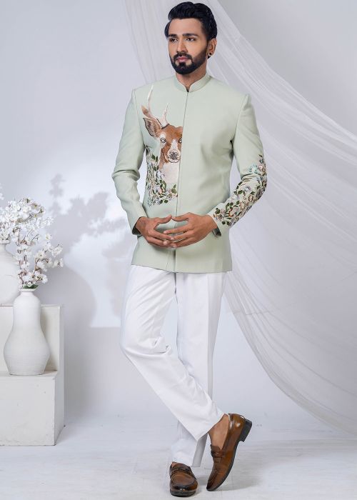 Pista Green Embroidered Bandhgala Jodhpuri Suit