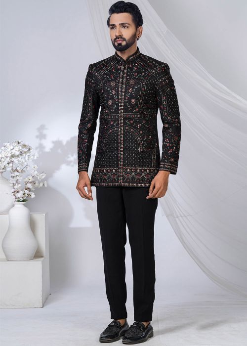 Black Embroidered Men Bandhgala Jodhpuri Suit