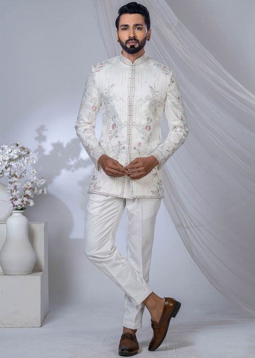 Off White Thread Work Bandhgala Jodhpuri Suit