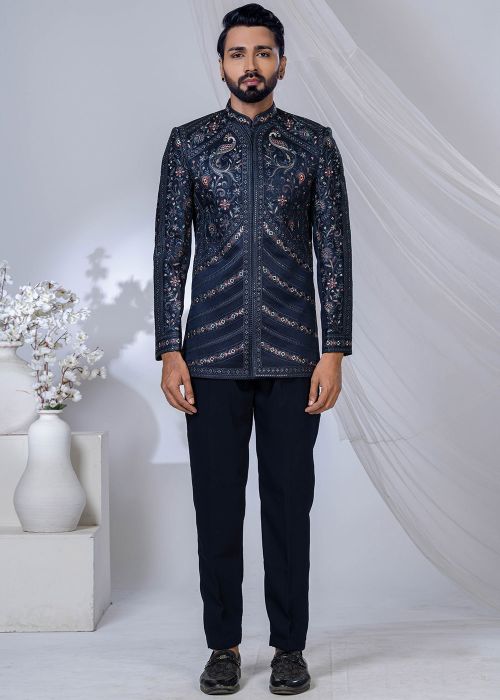 Blue Embroidered Bandhgala Jodhpuri Suit