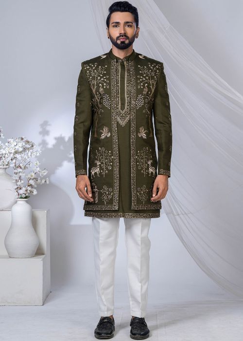 Mehendi Green Embroidered Indo Western Sherwani