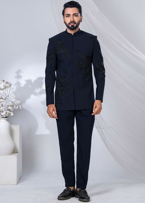 Navy Blue Embroidered Bandhgala Jodhpuri Suit