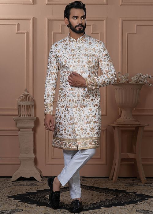 White Embroidered Sherwani Set For Men
