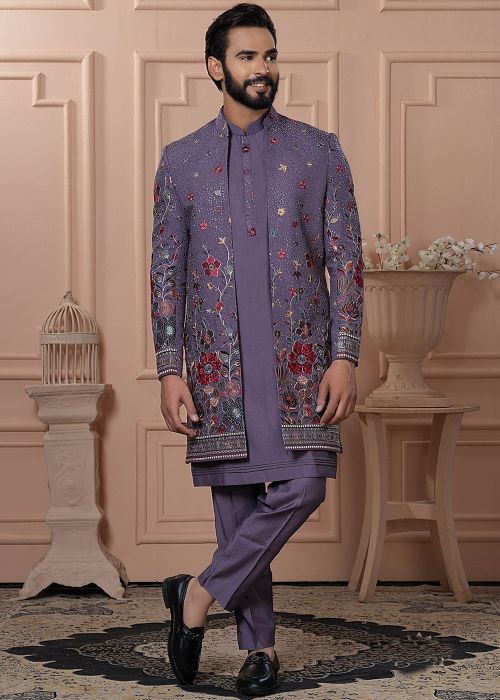 Purple Men Indo Western Serwani In Embroidery
