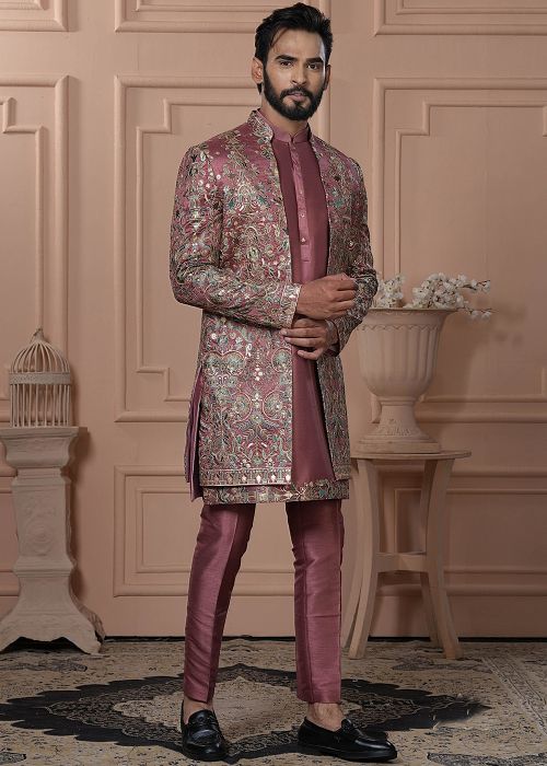 Mauve Pink Thread Work Indo Western Sherwani Set