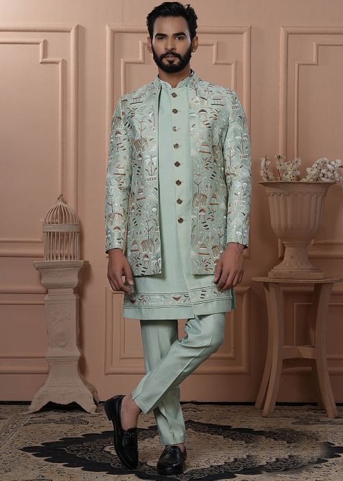 Pista Green Jacketed Embroidered Indo Western Sherwani