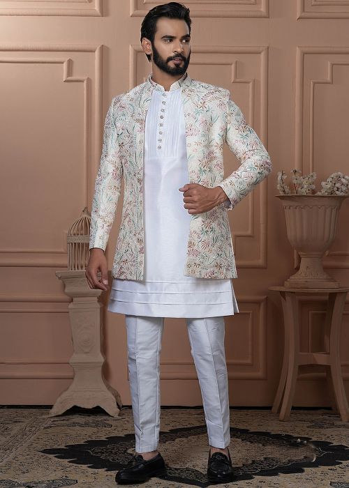 Cream Embellished Jacketed Indo Western Sherwani