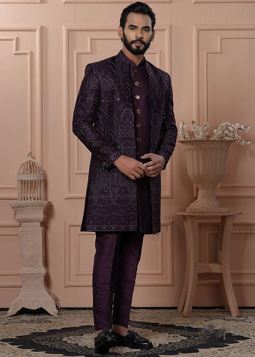 purple indo western dress for men Mens Sherwani Nawabi Engagement Dress For Men Buy Purple Indo Western Sherwani: Indian Groom Wedding Outfit