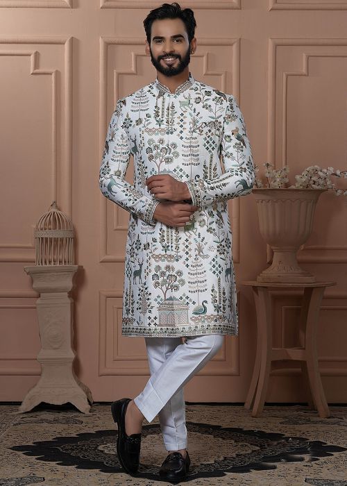White Men Embroidered Sherwani Set In Silk