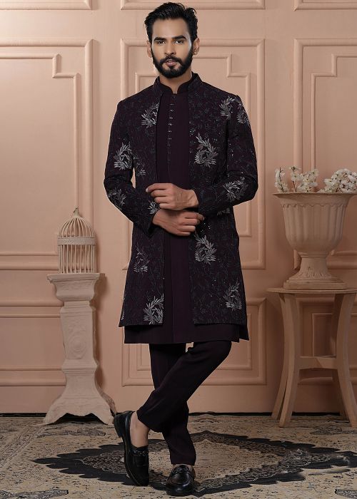 Wine Jacketed Embroidered Indo Western Sherwani